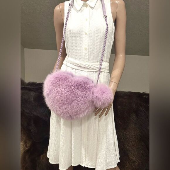 One of a kind! Premium Real Fox Fur Heart Shaped Bag & 2 Straps & Fur Ball Charm - Picture 6 of 17